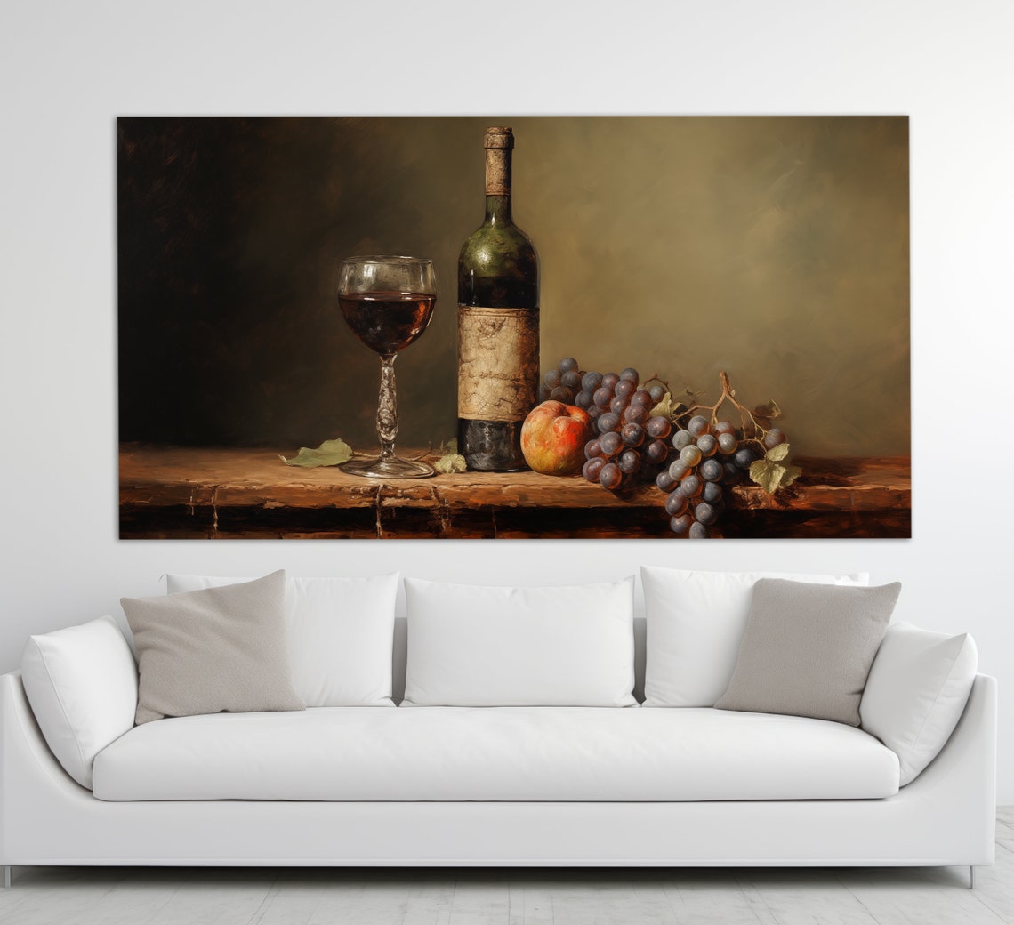 Red Wine Bottle Glass Grapes Peach Rustic Still Life Art Poster - Image 3