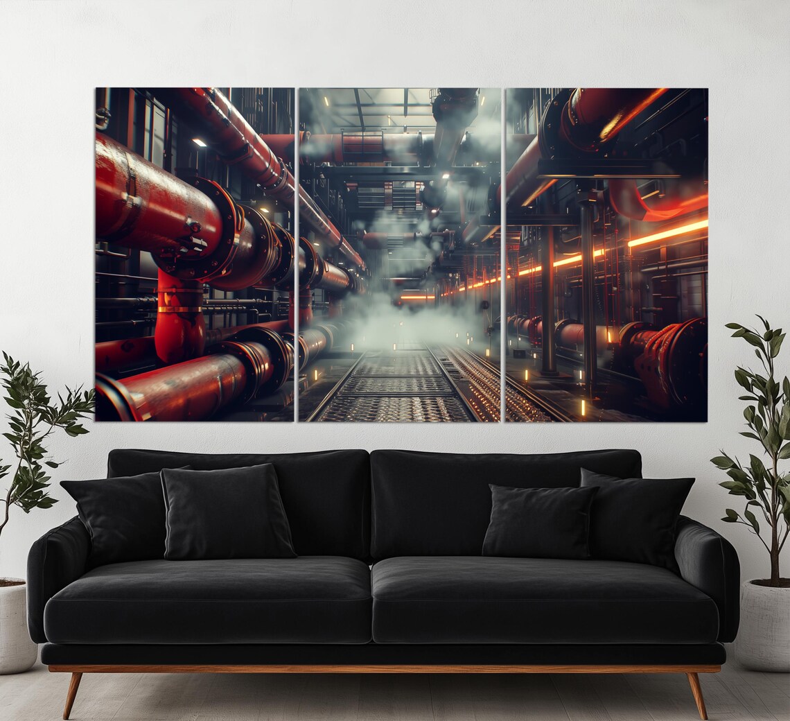 Dark Industrial Pipes Corridor Steam Orange Lights Moody Wall Art - Image 3