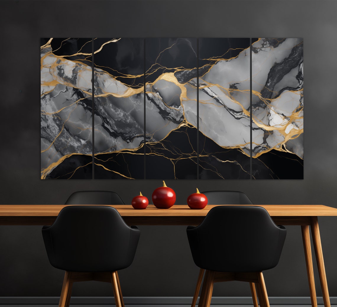 Black Marble Gold Veins Abstract Luxury Stone Texture Modern Wall Art - Image 2