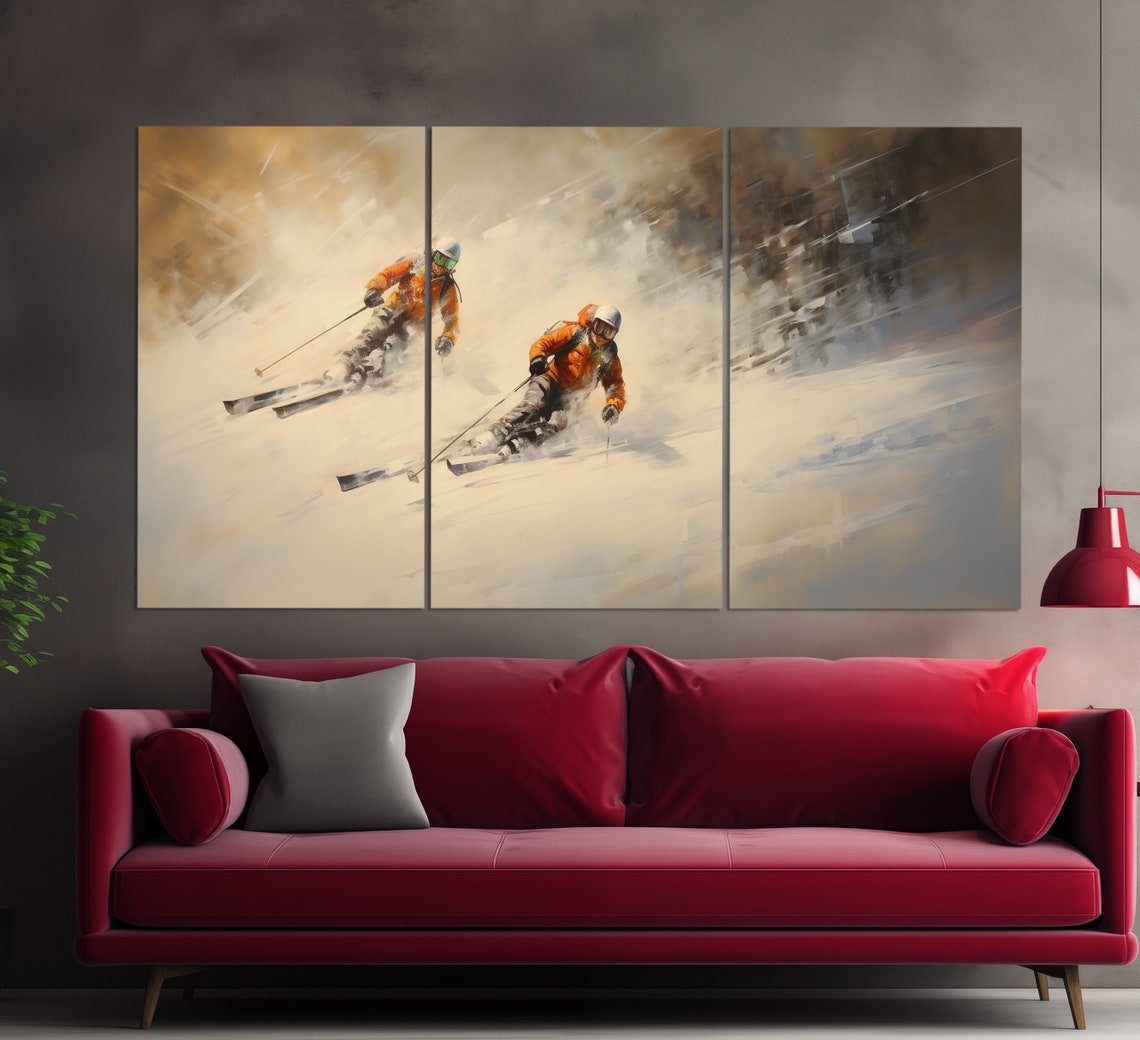 Downhill Skiers Racing Orange Jackets Snow Spray Oil Painting Poster - Image 6