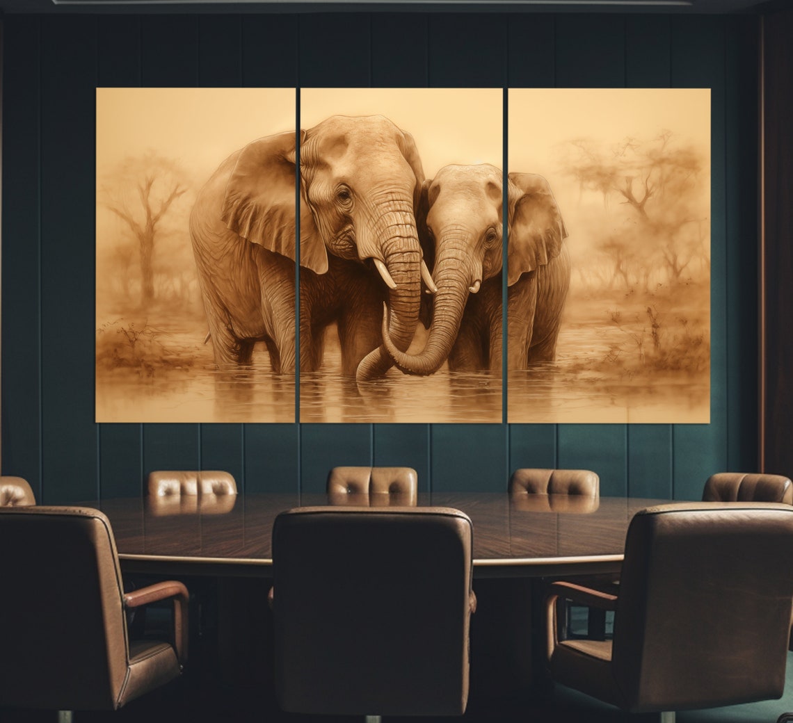 Elephant Couple Trunks Intertwined Water Sepia Golden Wildlife Poster - Image 6