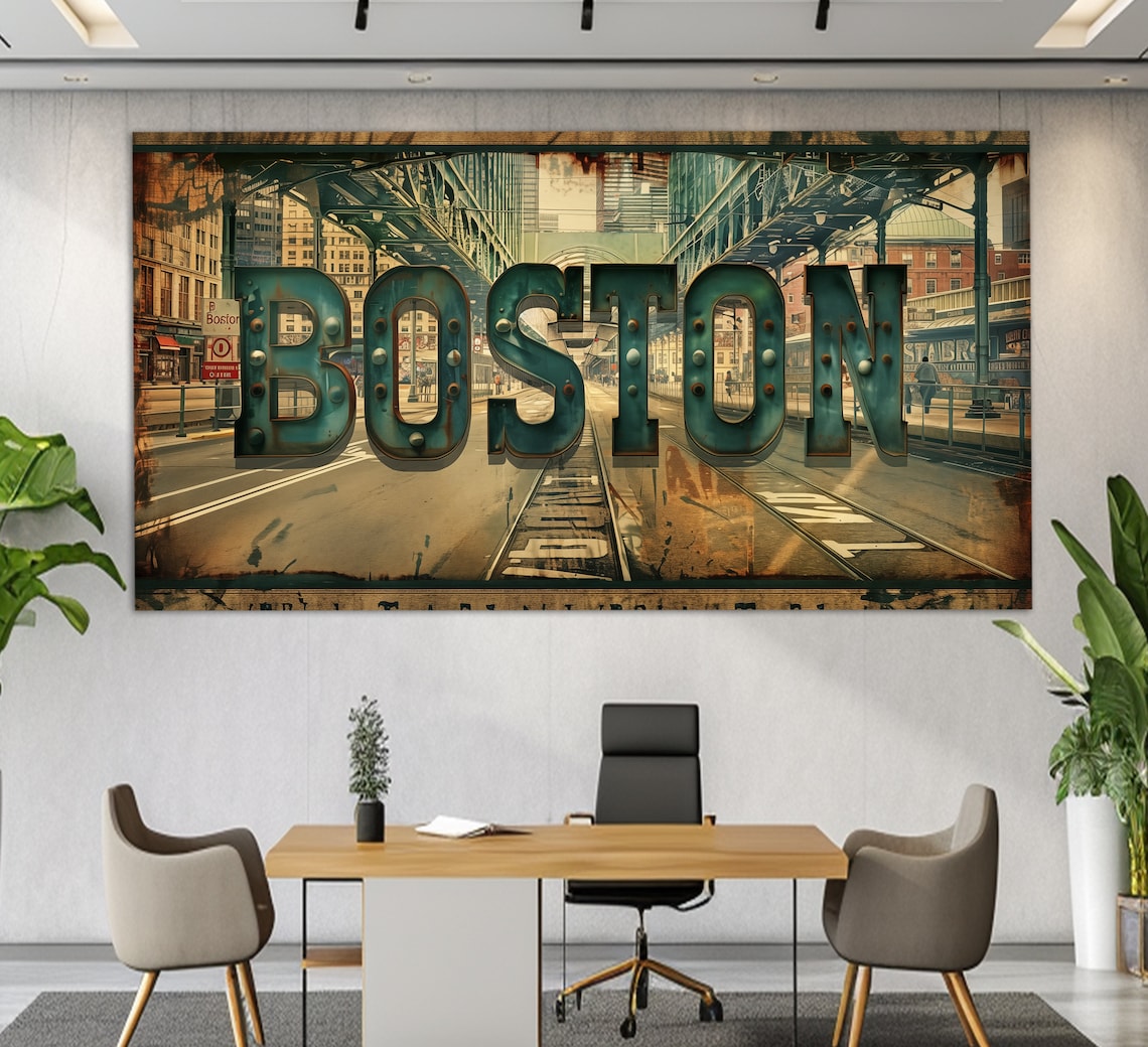 Boston City Street Vintage Metal Letters Rustic Urban Art Poster