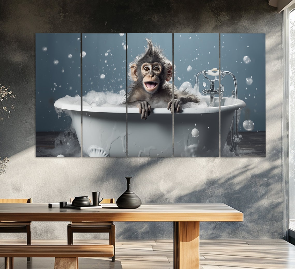 Funny Baby Monkey Splashing In Bubble Bath Happy Bath Time Wall Art - Image 4