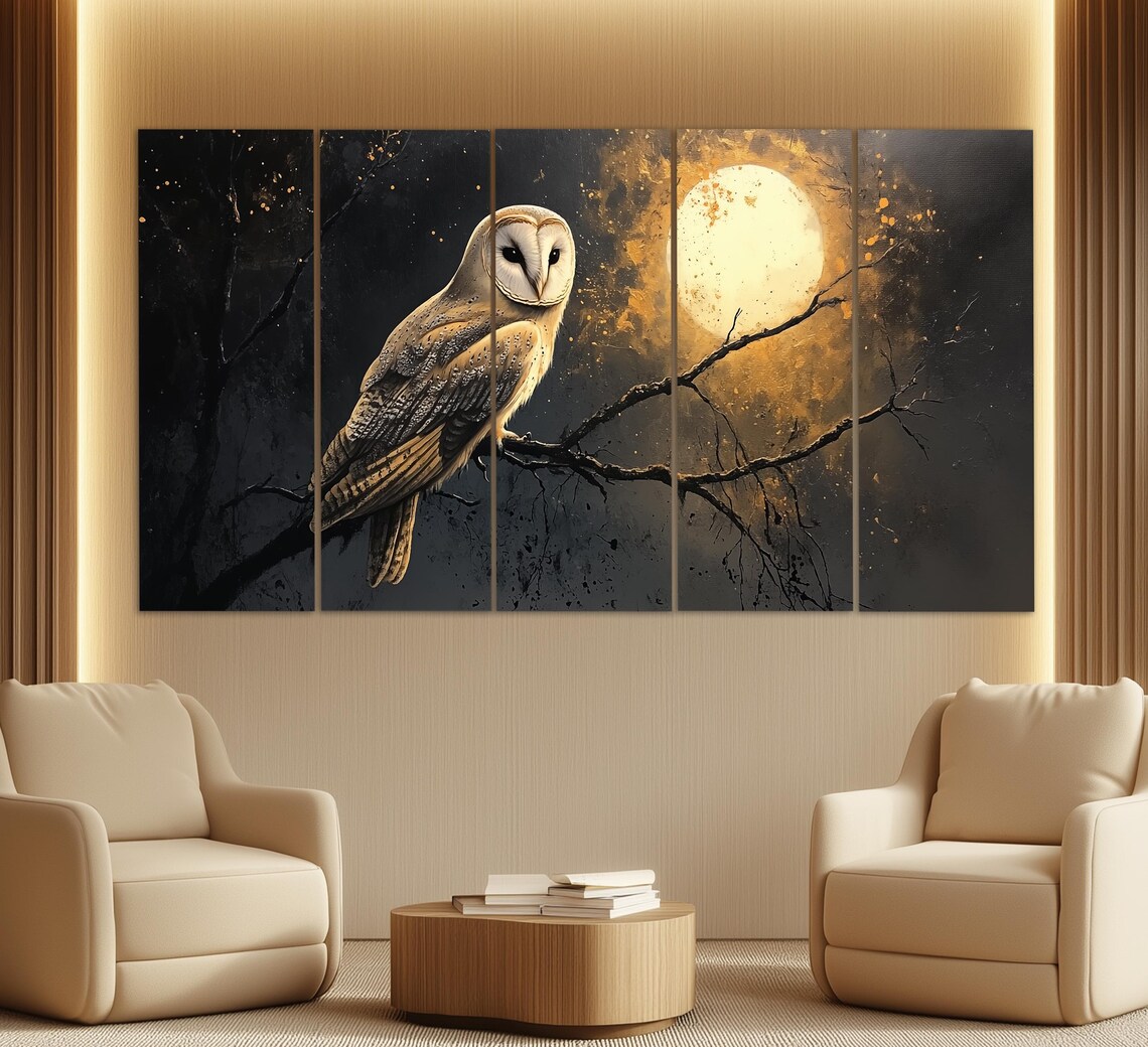Barn Owl On Branch At Night With Golden Full Moon Vintage Style Poster - Image 5