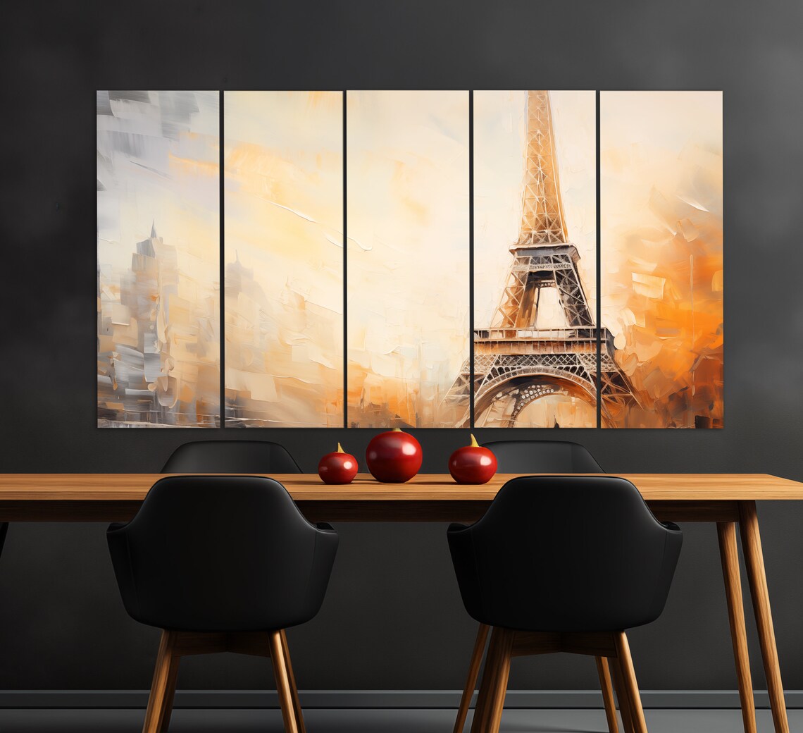 Eiffel Tower Abstract Oil Painting Warm Orange Gold Brushstrokes Print - Image 2