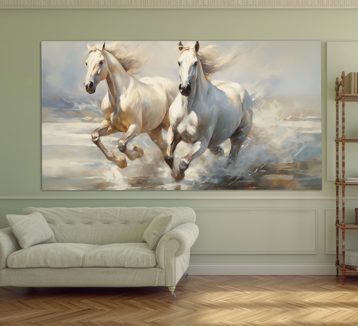 White Horses, Vintage Oil Painting Style Art Print - Image 3