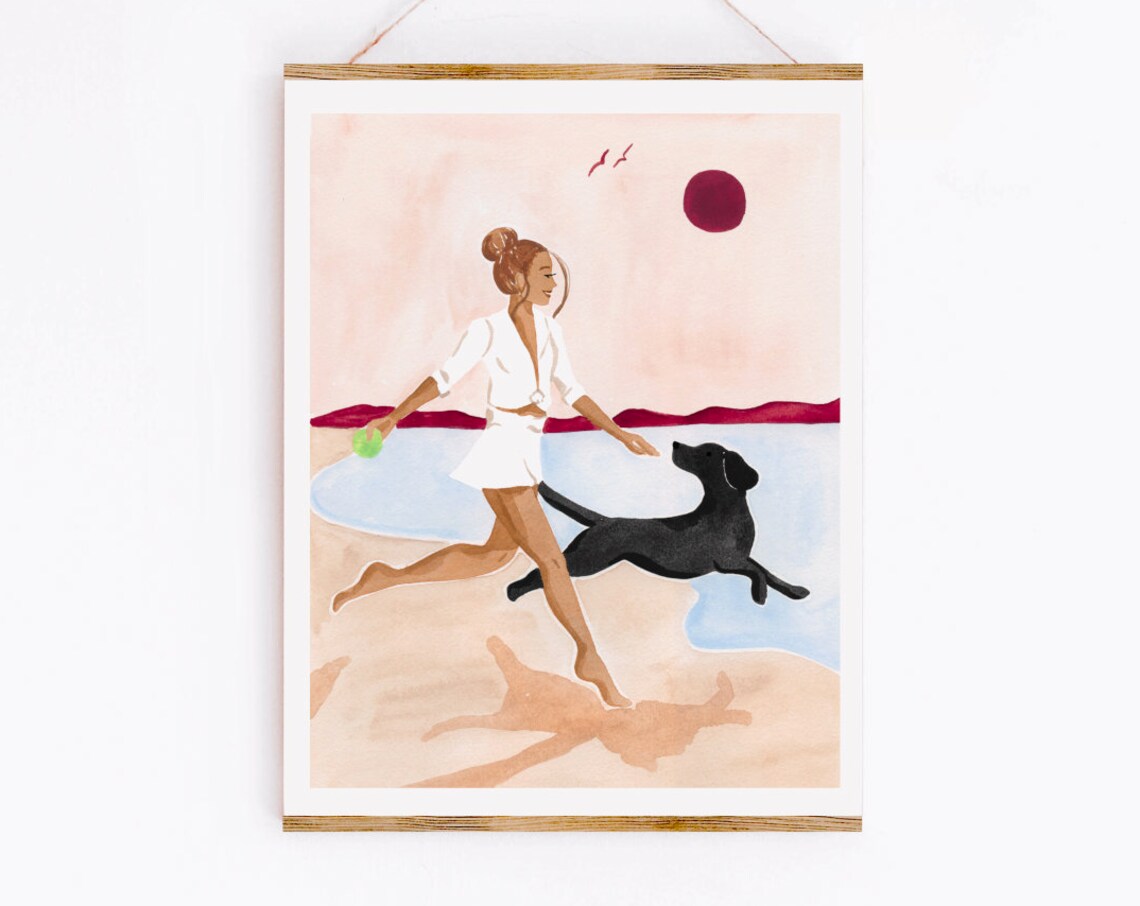 Woman Playing With Dog On Beach At Sunset Watercolor Travel Poster