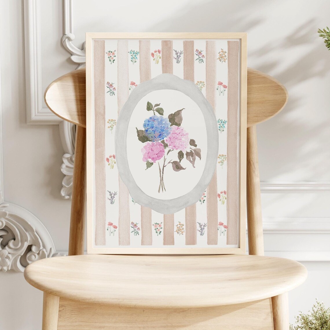 Pink Blue Hydrangea Bouquet Watercolor Striped Floral Art Print
