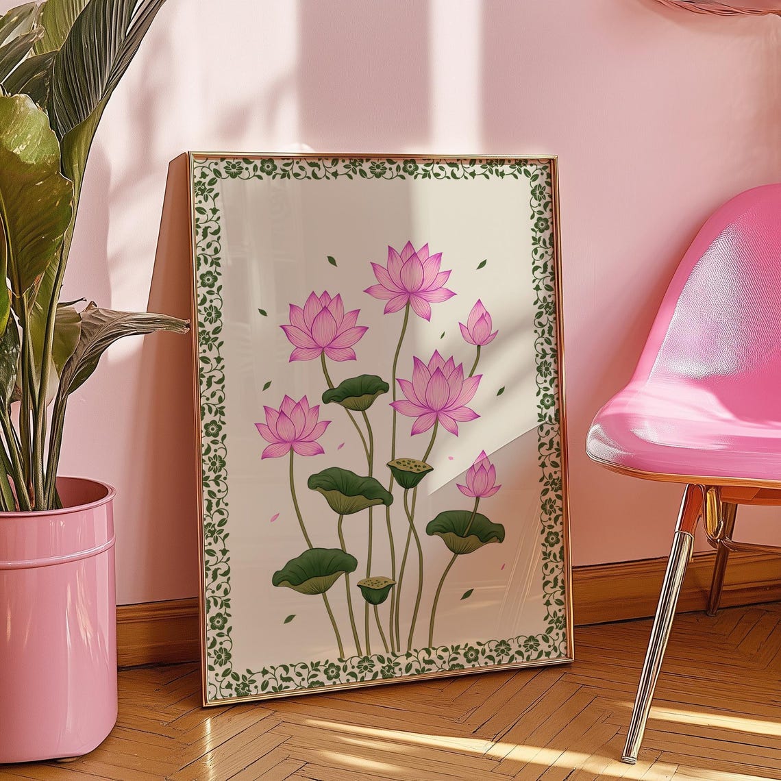 Pink Lotus Blossom Vintage Botanical Flower Border Art Poster