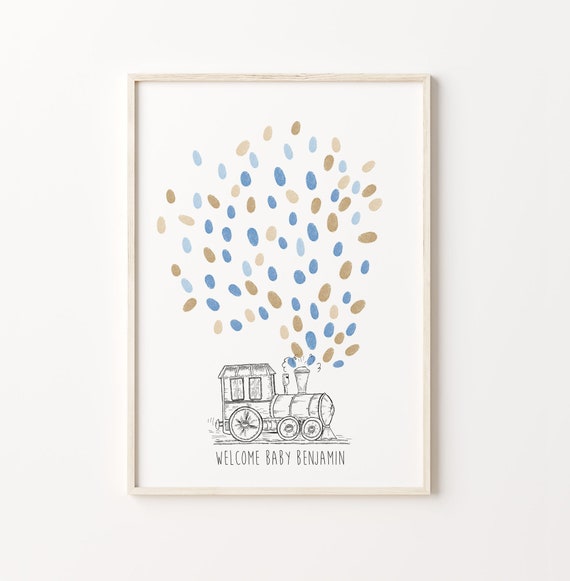 Train Baby Guest Book Birthday Fingerprint Balloon Sketch