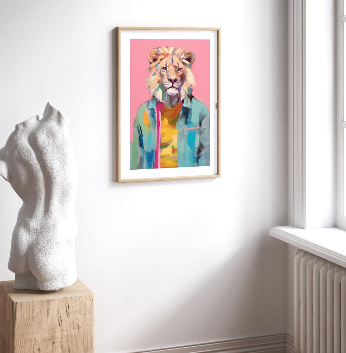 Stylish Lion Wearing Denim Jacket Colorful Pop Art Animal Poster - Image 2