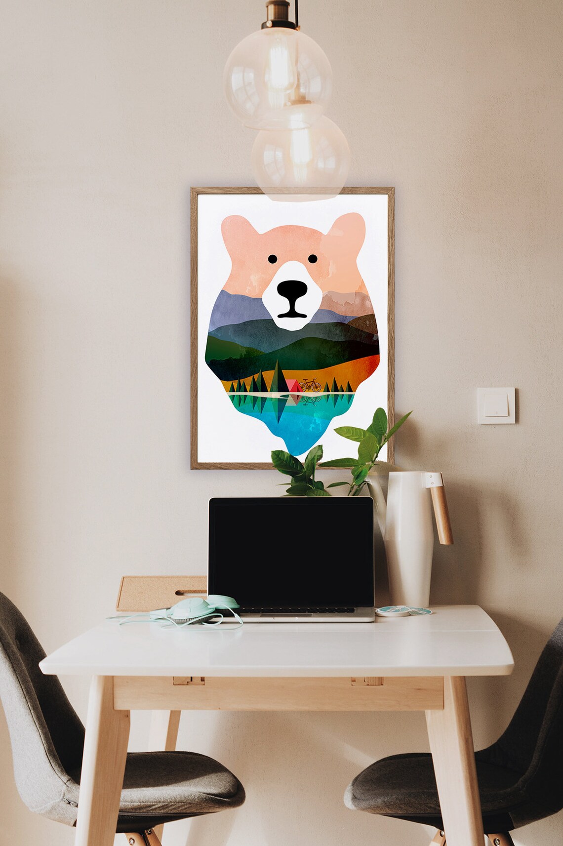 Bear Head Double Exposure Camping Scene Tent Bicycle Lake Art Poster - Image 2