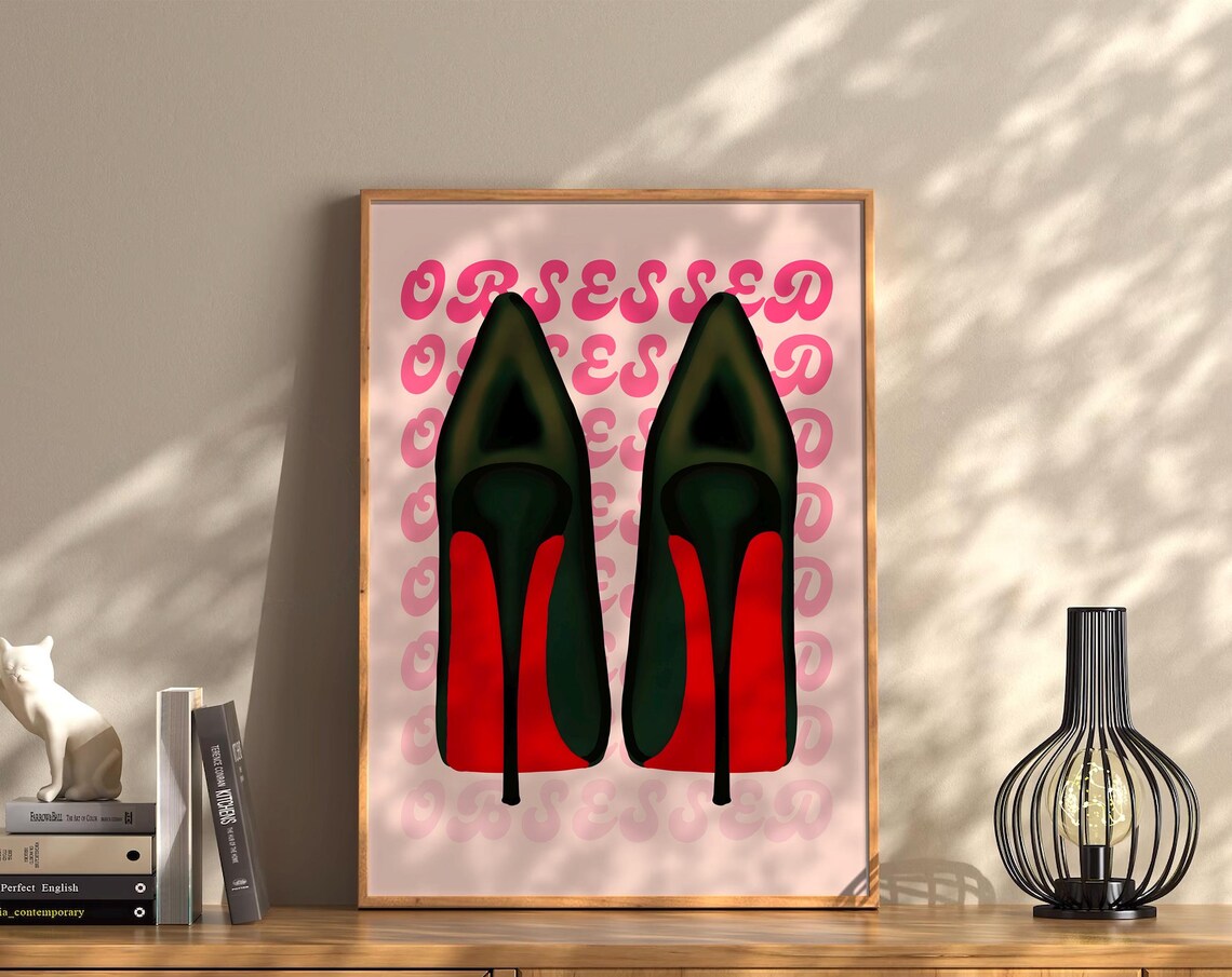 Black High Heel Shoes Red Soles Obsessed Pink Retro Pop Art Print - Image 3