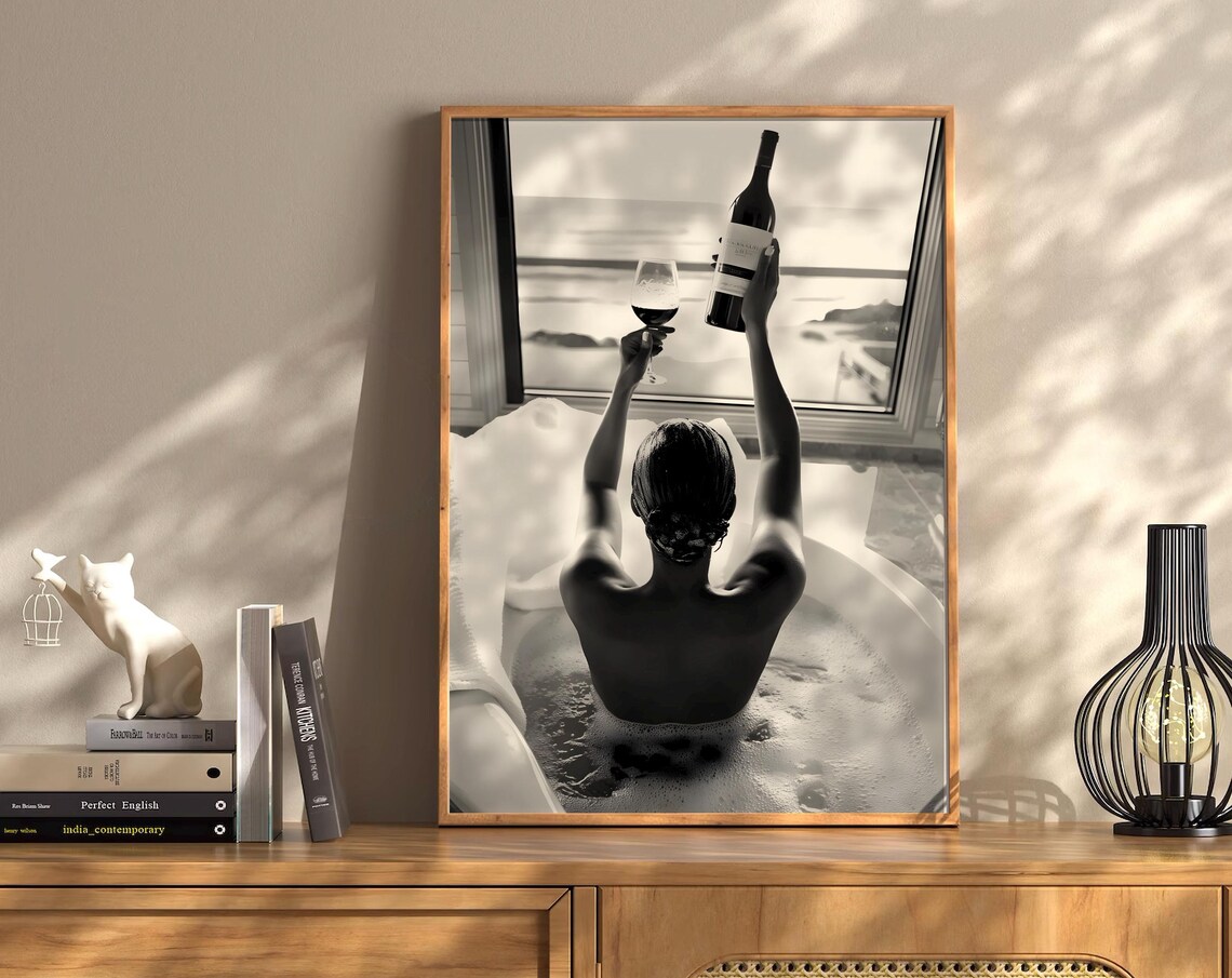 Woman Bathing With Wine Bottle Black White Ocean View Photo Poster