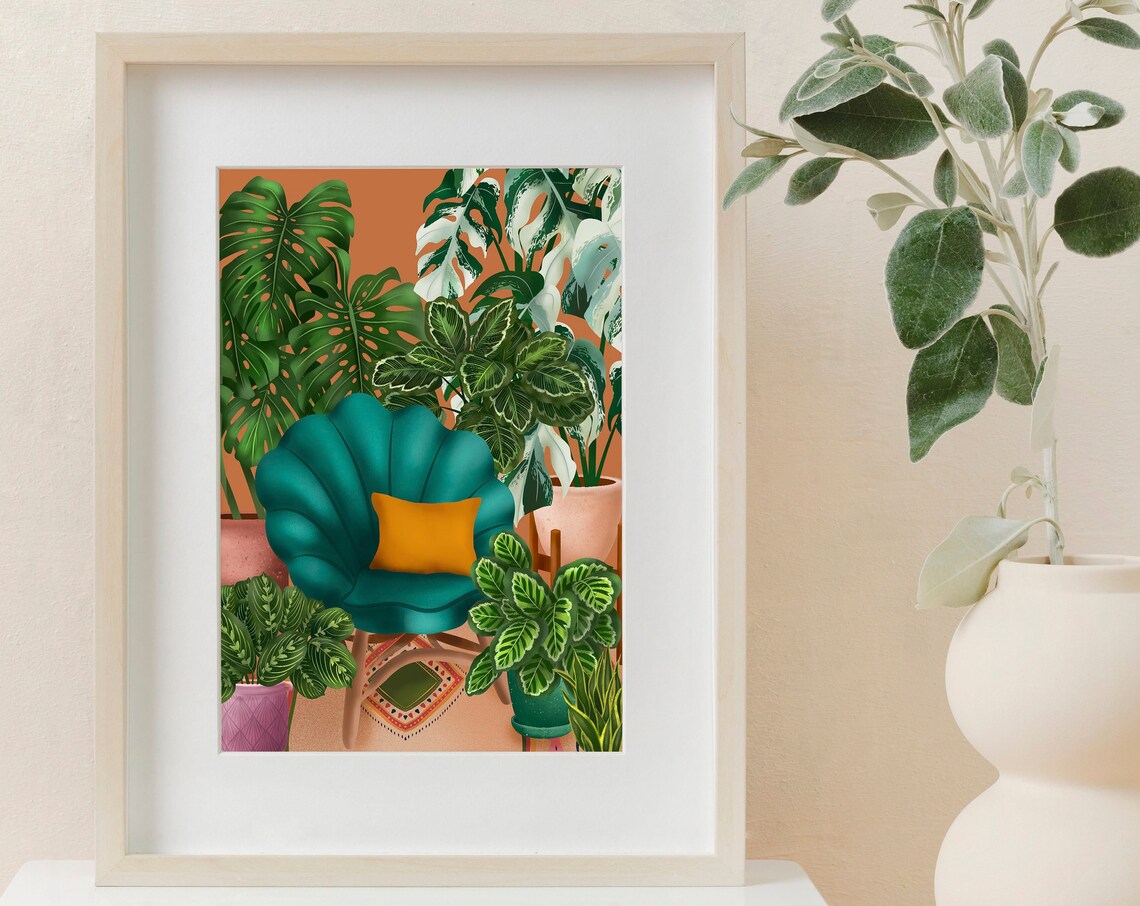Teal Scallop Chair with Mustard Cushion in a Plant Room Poster