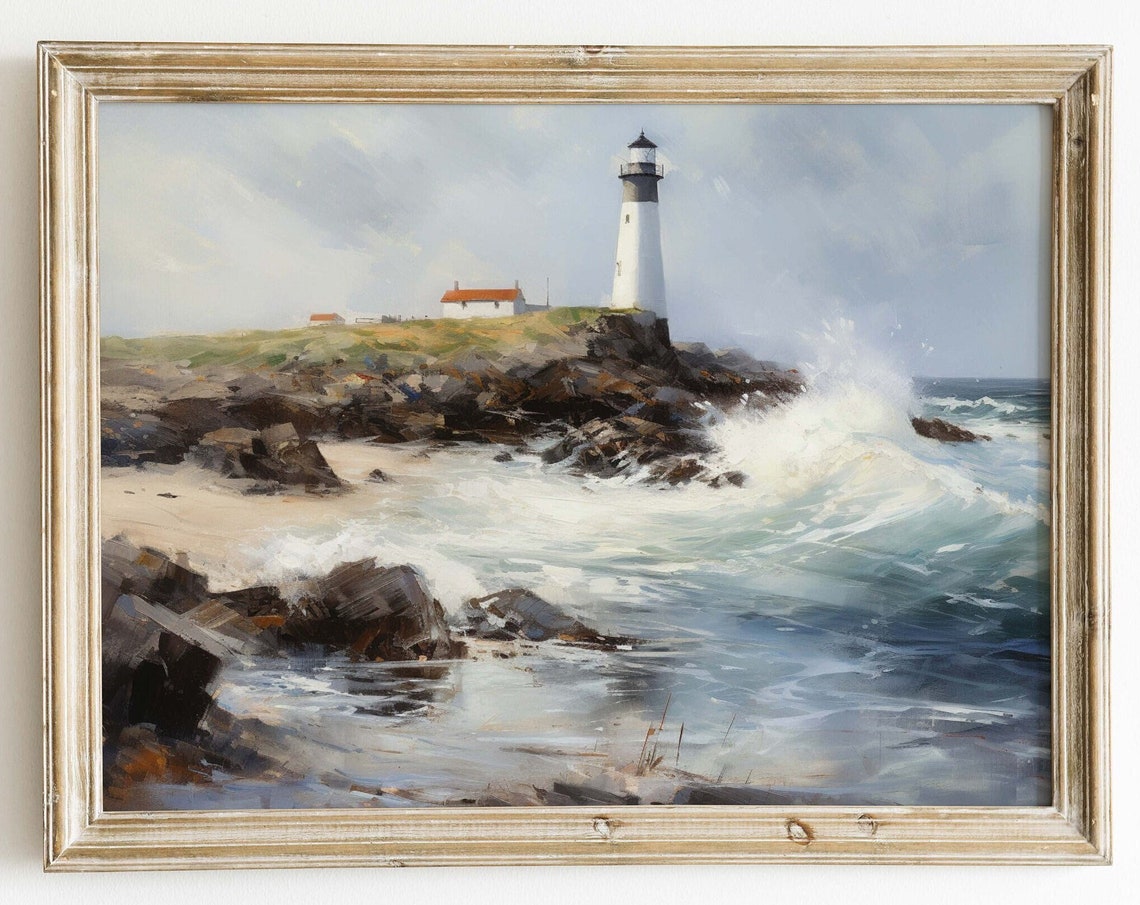 Light House Painting Beach Landscape Lighthouse Vintage Art