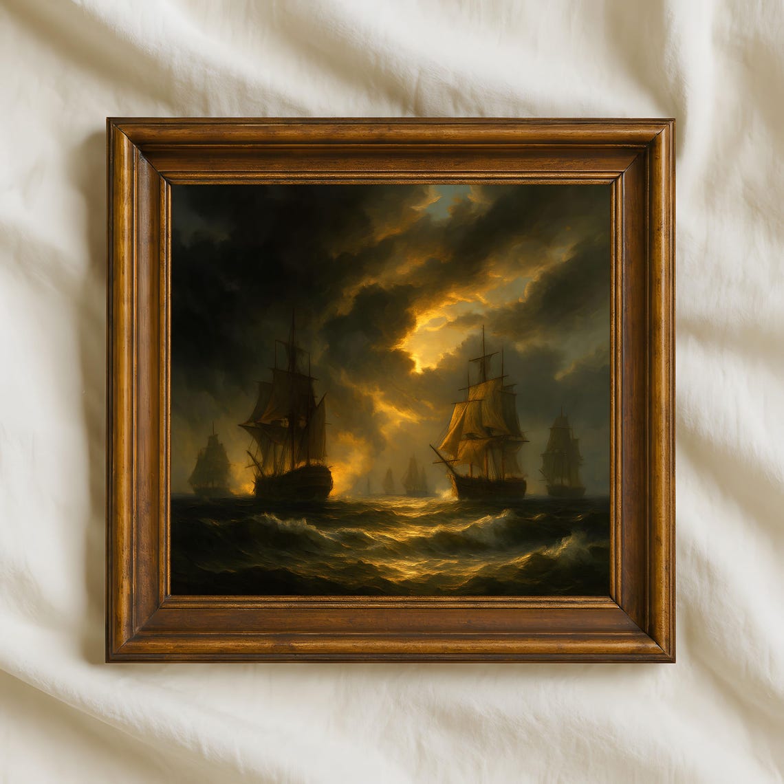 Stormy Fleet Tall Ships Golden Breakthrough Dramatic Seascape Poster