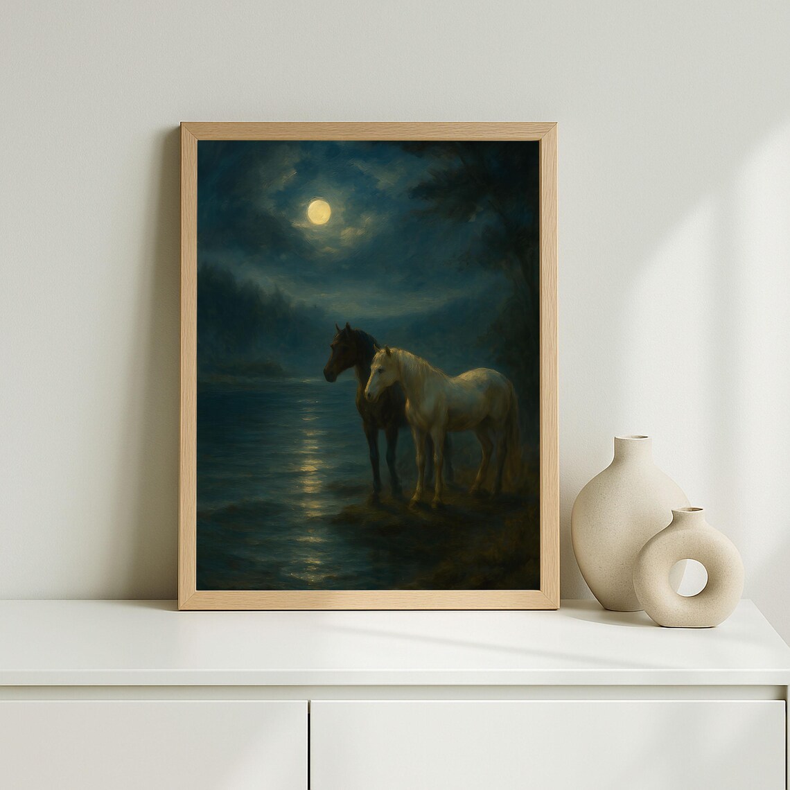 Two Horses Under Full Moon by Lake Night Oil Painting Wall Print