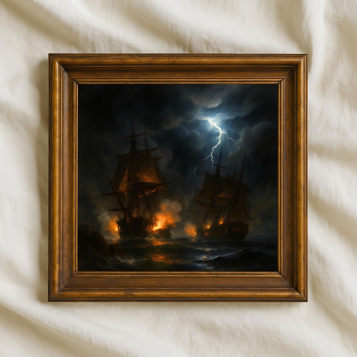 Night Sea Battle Burning Ships Lightning Storm Oil Painting Poster