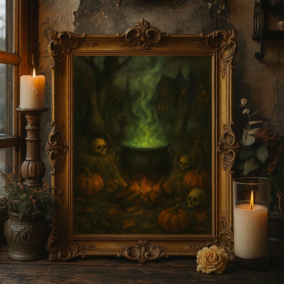 Witch Cauldron Halloween Wall Art Gothic Spooky Haunted House Oil Painting Dark Magic Potion Decor
