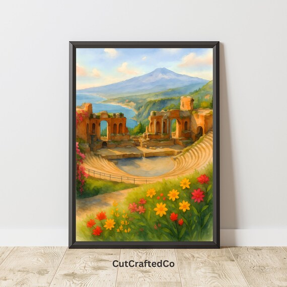 Taormina Greek Theatre Watercolor Sicily Mount Etna Sea View Poster