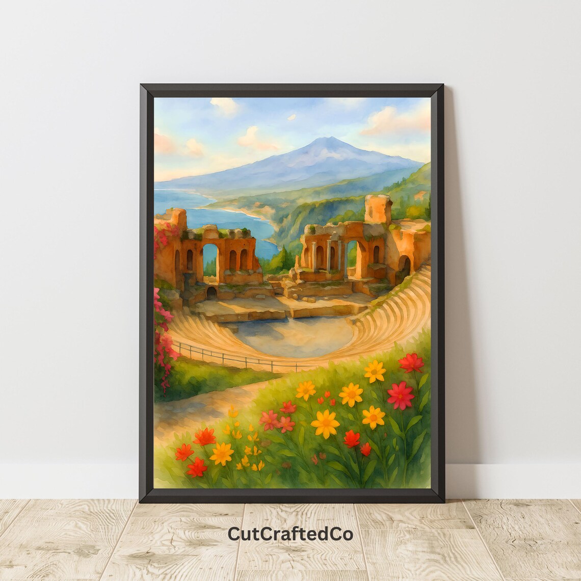 Taormina Greek Theatre Watercolor Sicily Mount Etna Sea View Poster