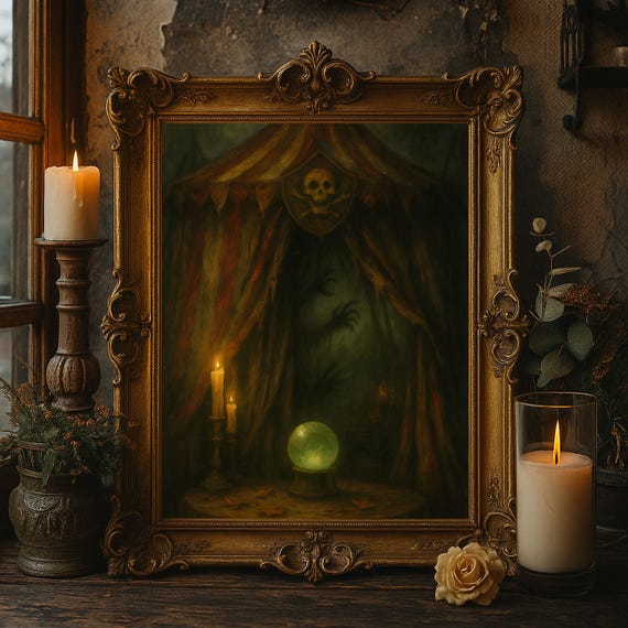 Fortune Teller Crystal Ball Wall Art Haunted Carnival Tent Halloween Oil Painting Gothic Witchy Artwork For Decor