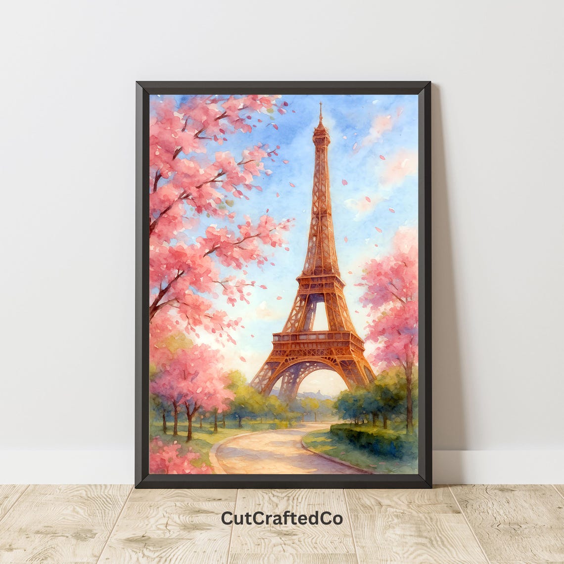 Paris Eiffel Tower Cherry Blossom Spring Watercolor Art Poster