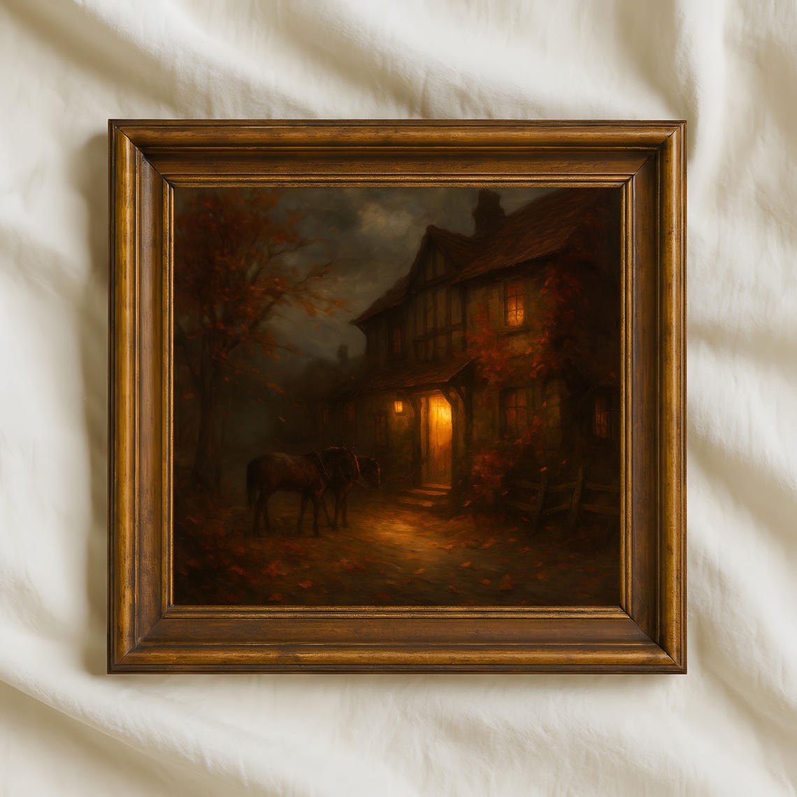 Autumn Cottage at Night With Horse Warm Window Glow Dark Poster