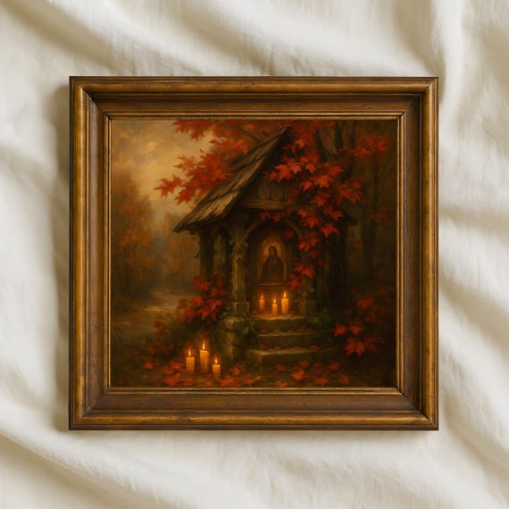 Autumn Shrine Oil Painting Candlelit Rustic Altar In Fall Forest Spiritual Seasonal Wall Art