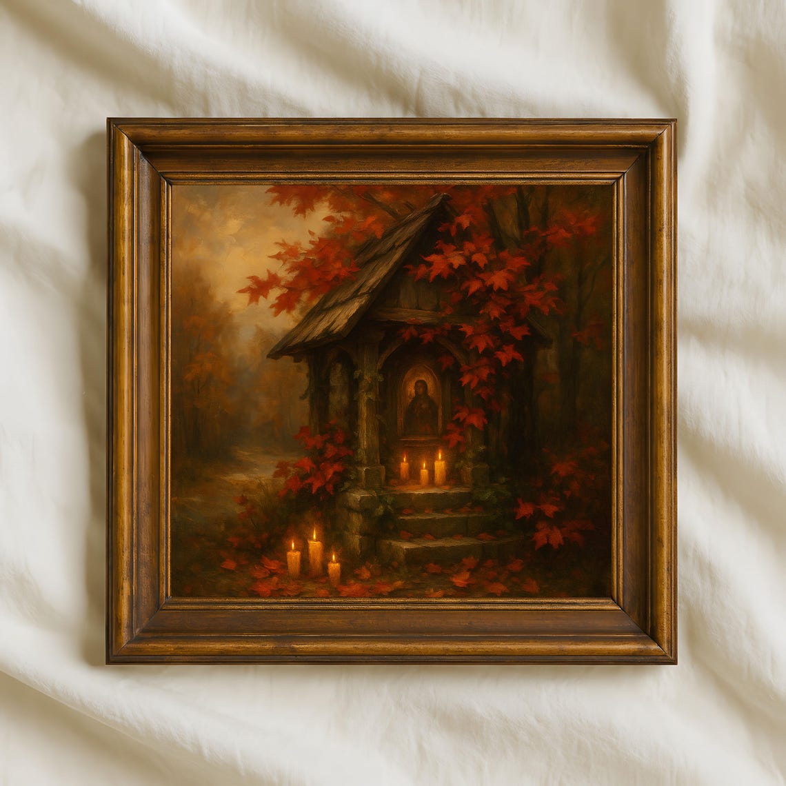 Autumn Shrine Oil Painting Candlelit Rustic Altar In Fall Forest Spiritual Seasonal Wall Art