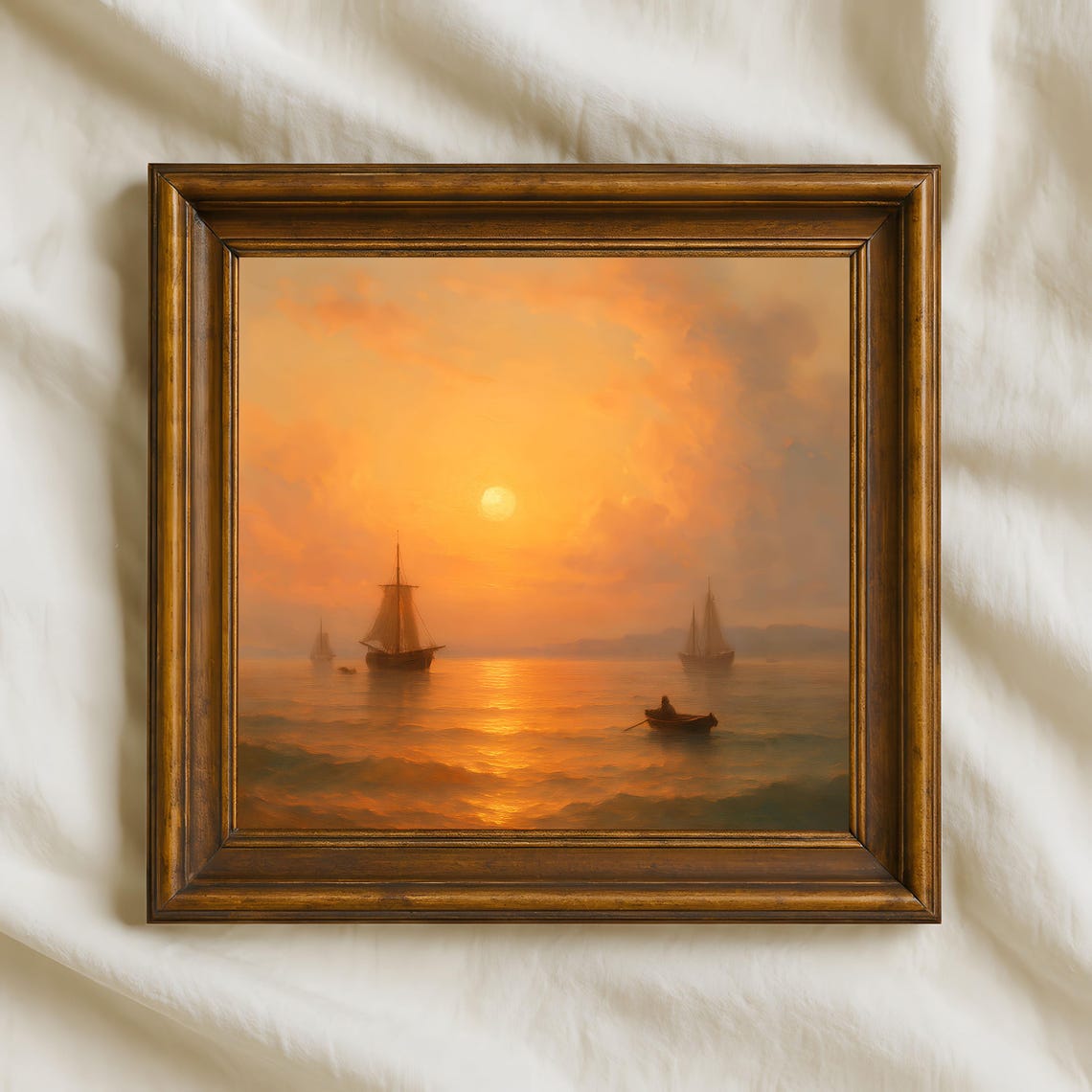 Golden Ocean Sunset Sailing Ships Calm Sea Oil Painting Poster