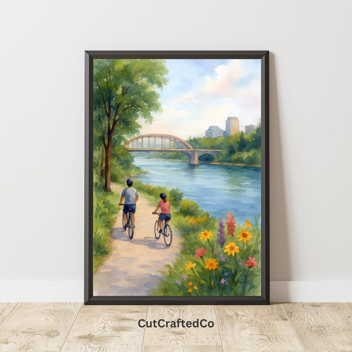 Riverside Cycling Trail Bridge Summer Flowers Watercolor Poster