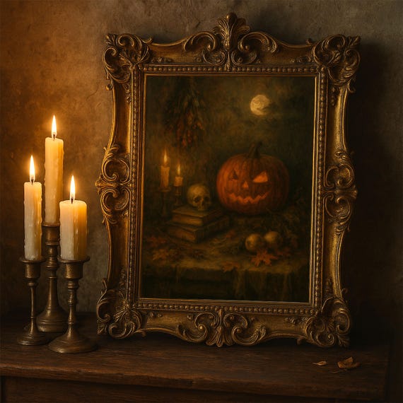 Halloween Still Life Wall Art Gothic Pumpkin Skull Candle Print Haunted Vintage Oil Painting Decor Dark Academia Home