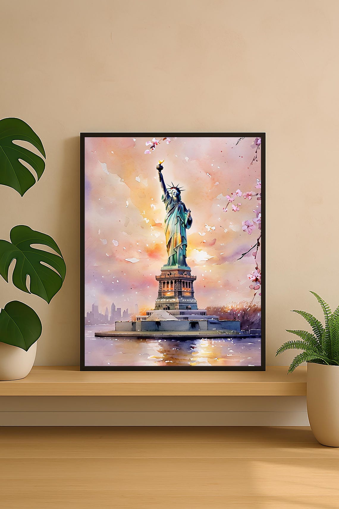 Statue of Liberty Sunset Cherry Blossom Romantic Watercolor Poster