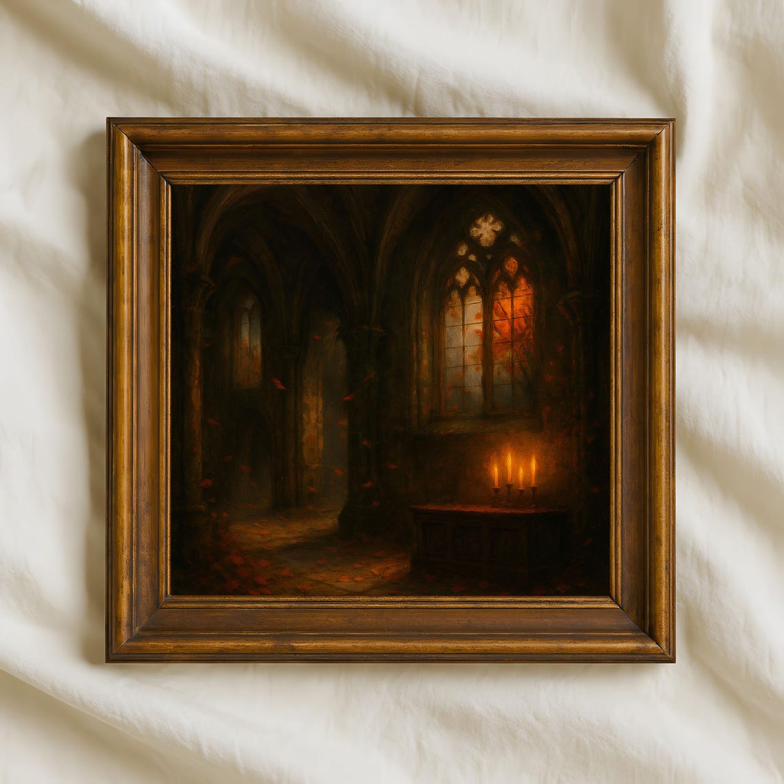 Dark Gothic Cathedral Candlelit Interior Moody Autumn Art Poster