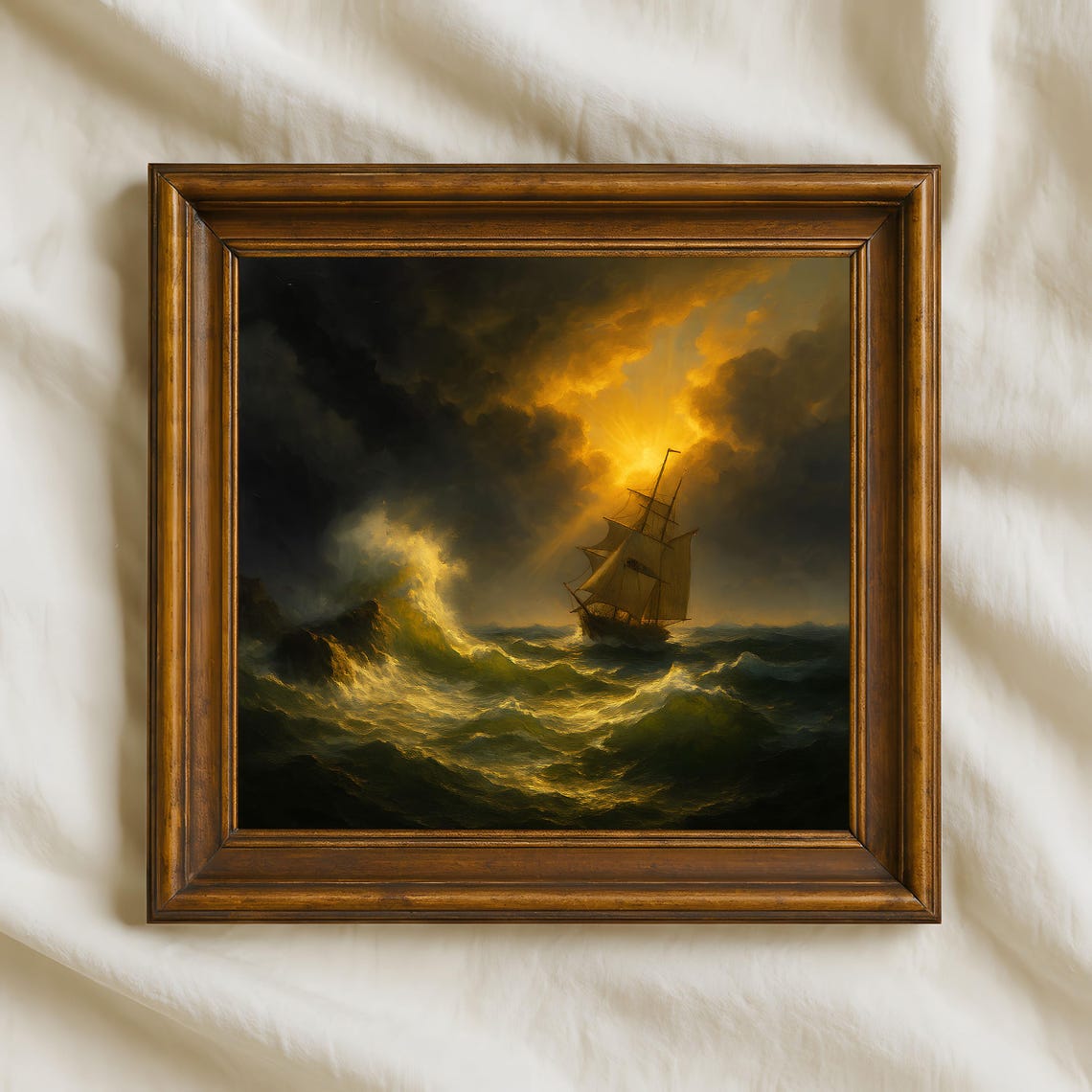 Dramatic Stormy Ocean Tall Ship Golden Sunset Seascape Poster