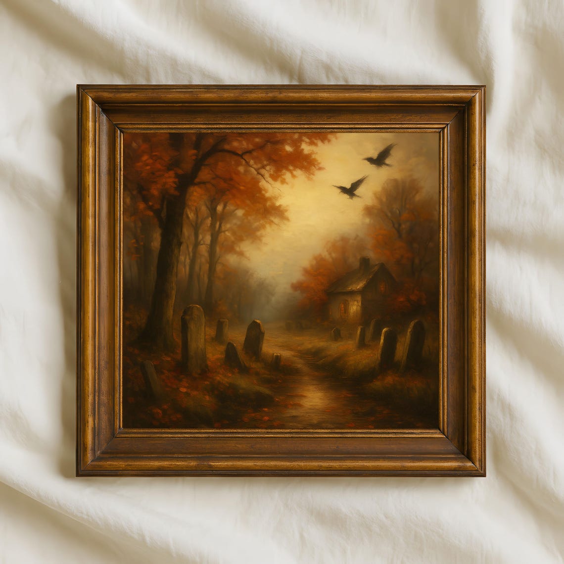 Haunted Graveyard Oil Painting Gothic Autumn Wall Art Spooky Halloween Landscape Print Dark Rustic Home Dcor