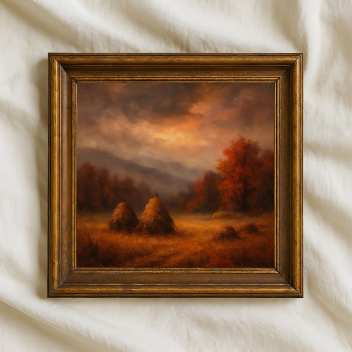 Autumn Haystacks in Golden Field Moody Sky Rustic Farm Art Poster