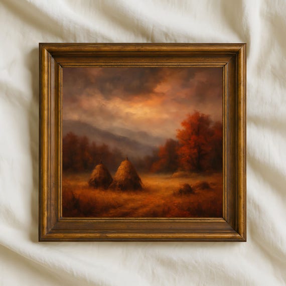Autumn Haystacks Oil Painting Rustic Countryside Fall Wall Art Golden Harvest Landscape Print Vintage Farmhouse