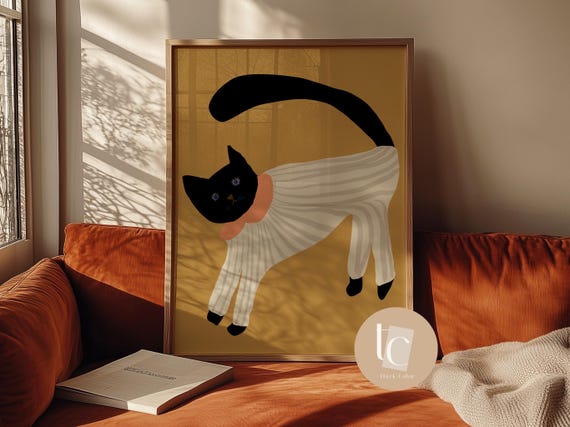 Black Cat Dancing In Cute Onesie Nursery Wall Art Retro Kids Decor Animals Sleeping Gendre Neutral Whimsical Baby Print