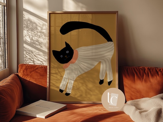 Stretching White Cat In Striped Onesie Retro Nursery Playful Kids Art Poster