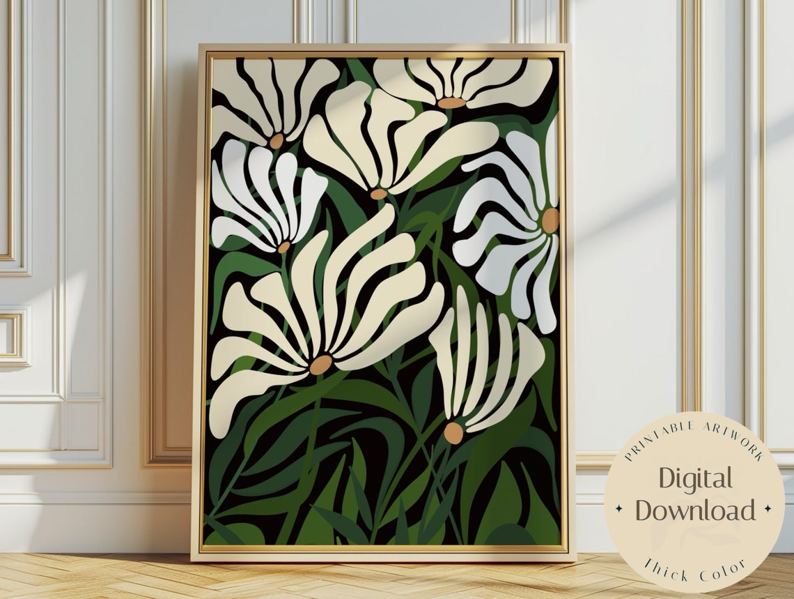 Cream Daisies on Deep Green Botanical Floral Minimalist Decor Poster