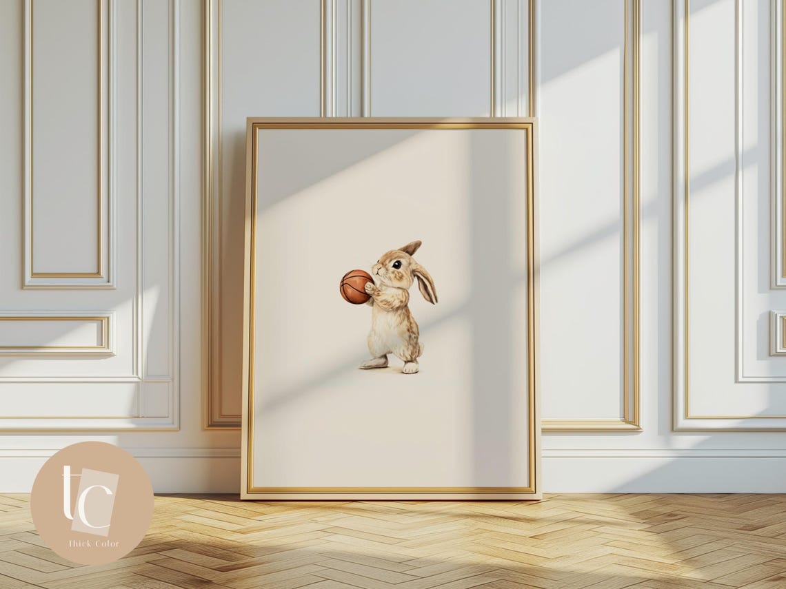 Cool Little Bunny Playing Basketball Retro Nursery Sports Poster