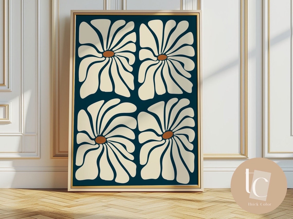 Four Cream Blooms Grid On Dark Teal Bold Retro Floral Art Poster