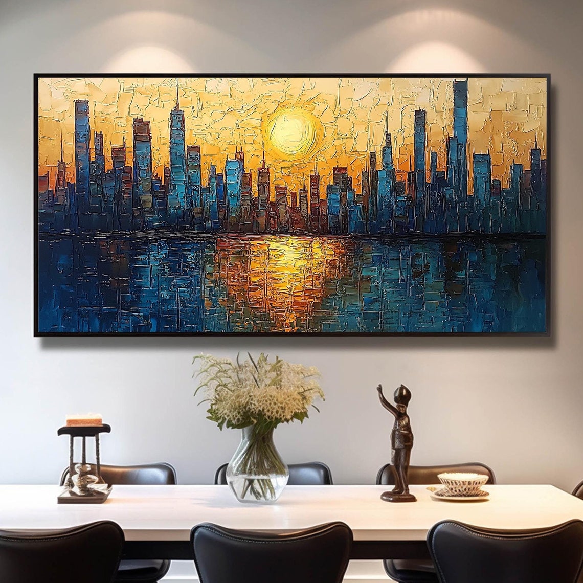 Golden Sunset City Skyline with Skyscrapers Reflection Wall Art