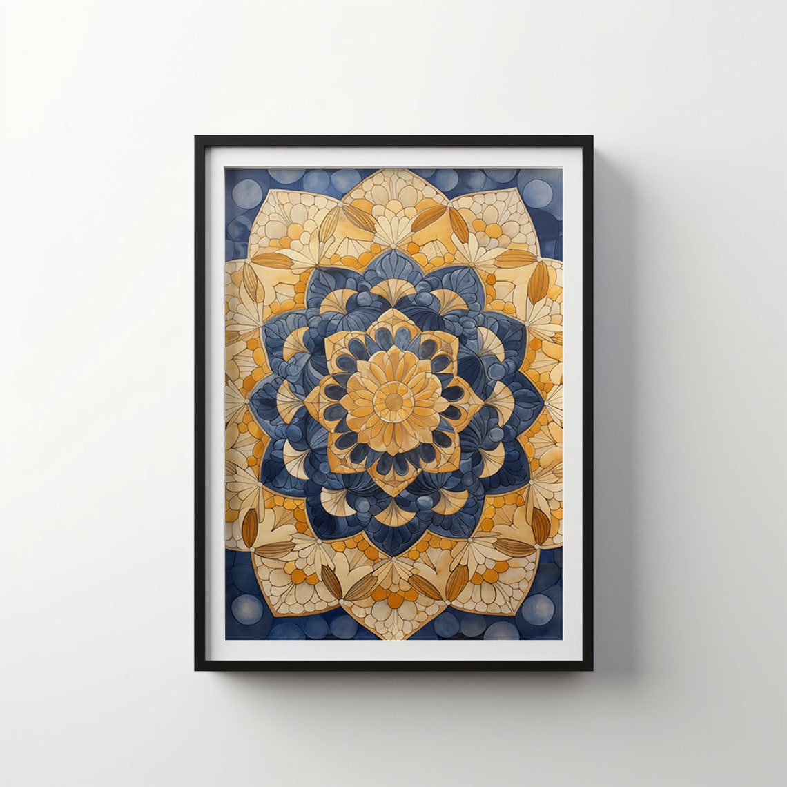 Blue Gold Intricate Floral Mandala Symmetrical Design Art Poster