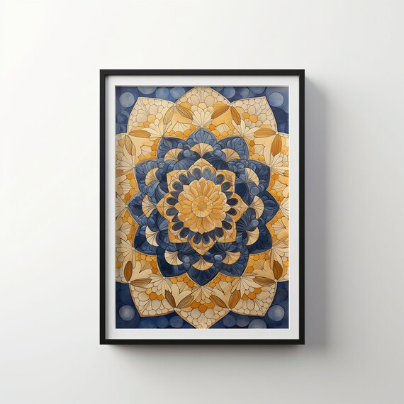 Blue Gold Intricate Floral Mandala Symmetrical Design Art Poster