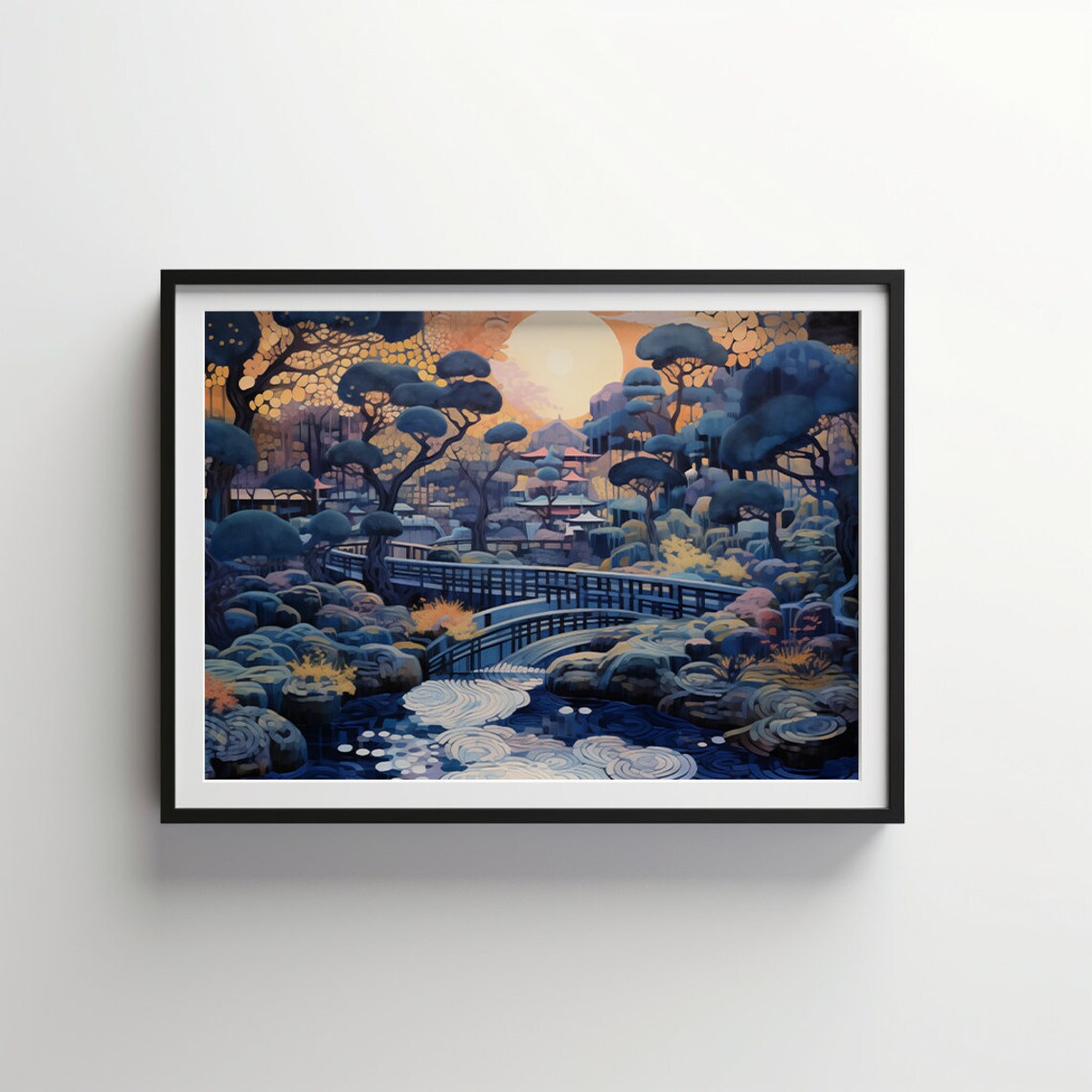 Japanese Zen Garden Moonlit Wooden Bridge Over Koi Pond Art Poster