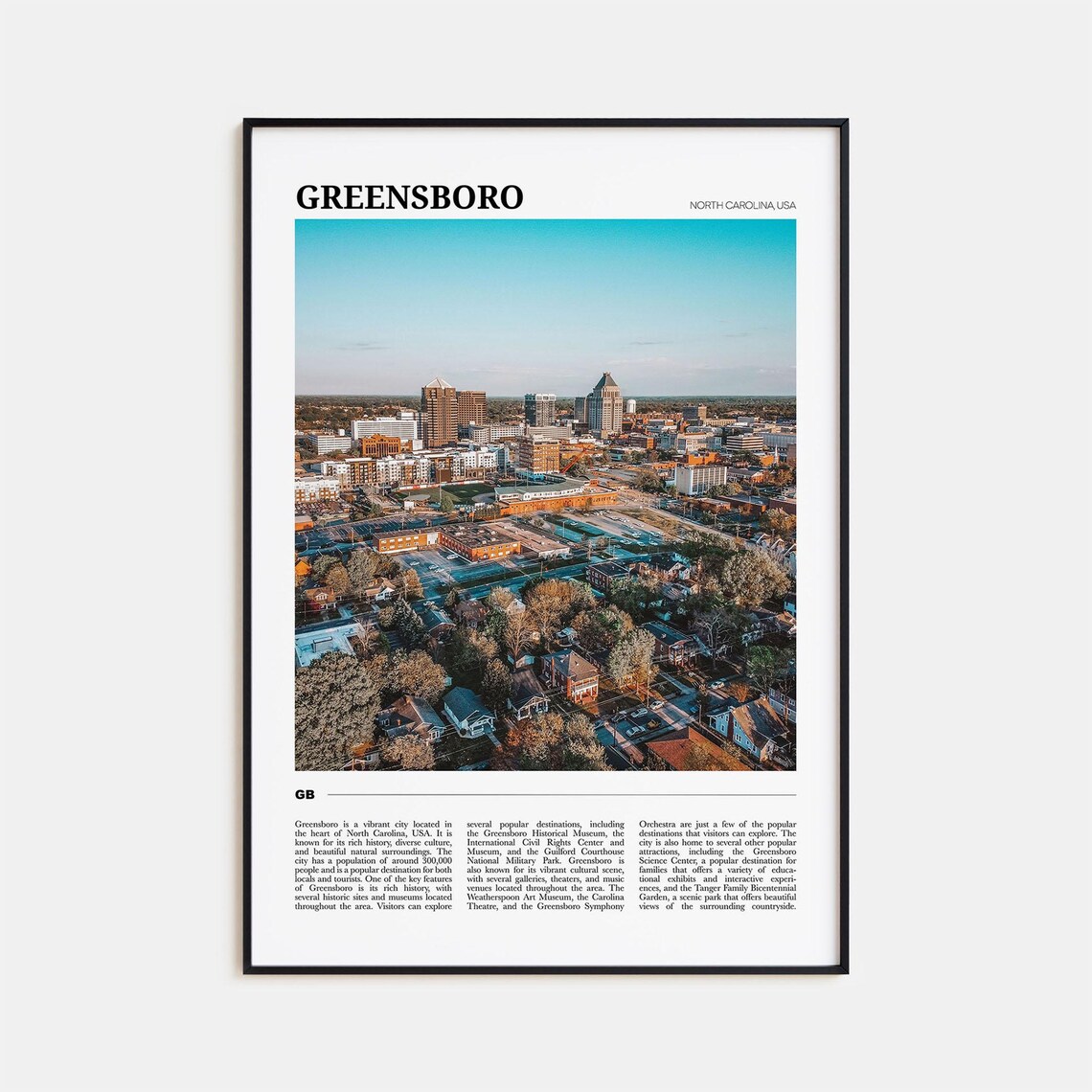 Greensboro North Carolina Aerial Cityscape Downtown Travel Poster